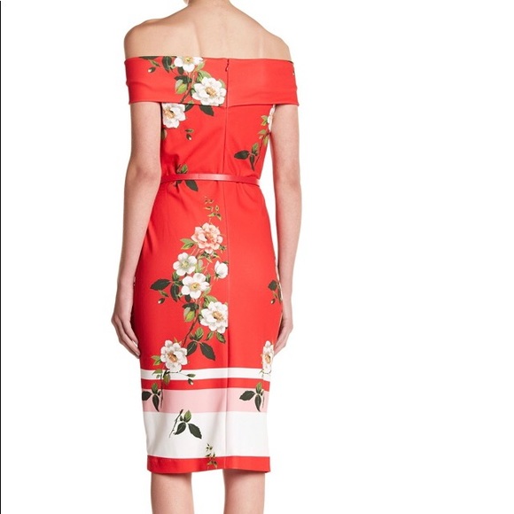 NWT Sharagano off shoulder floral dress with belt - Picture 2 of 8